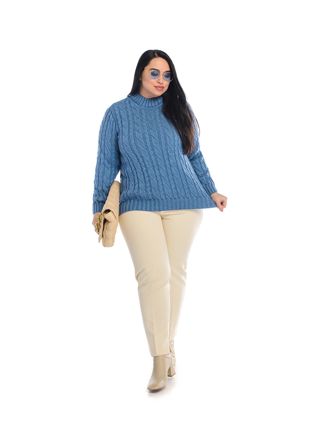 Блакитний жіночий м'який светр з стійкою коміром SVTR