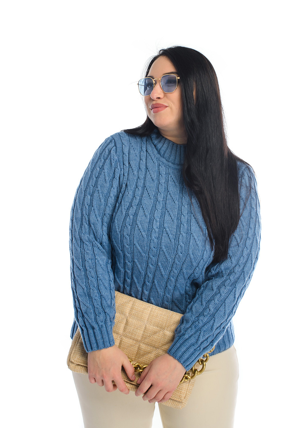 Голубой женский мягкий свитер с воротником стойкой. SVTR