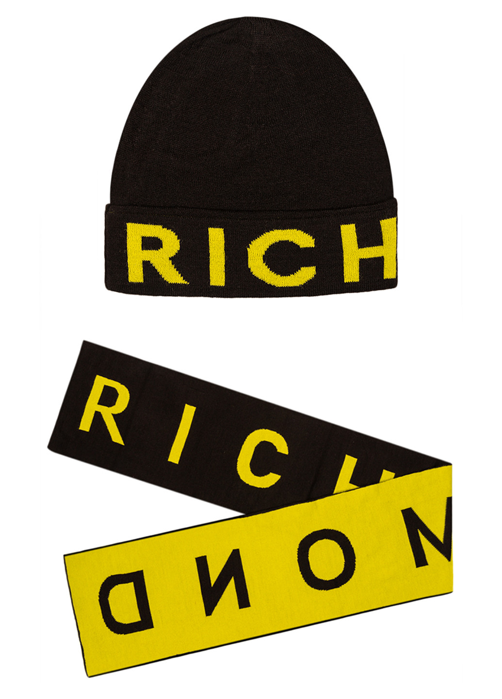 Черный демисезонный мужской акриловый комплект шарф+шапка John Richmond