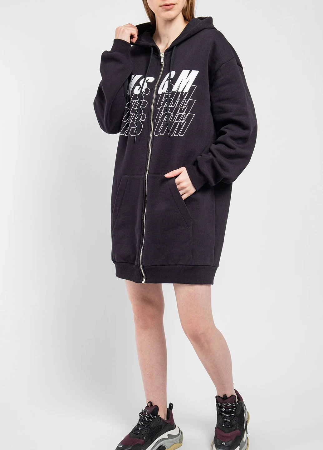 Черное кэжуал черное хлопковое платье на молнии с капюшоном MSGM однотонное