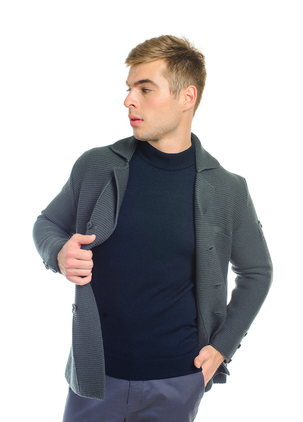 Темно-синий мужской свитер с воротником "стойка" SVTR