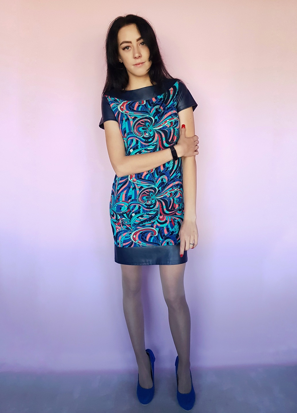 Темно-синя темно-синя сукня зі вставками еко-шкіри No Brand