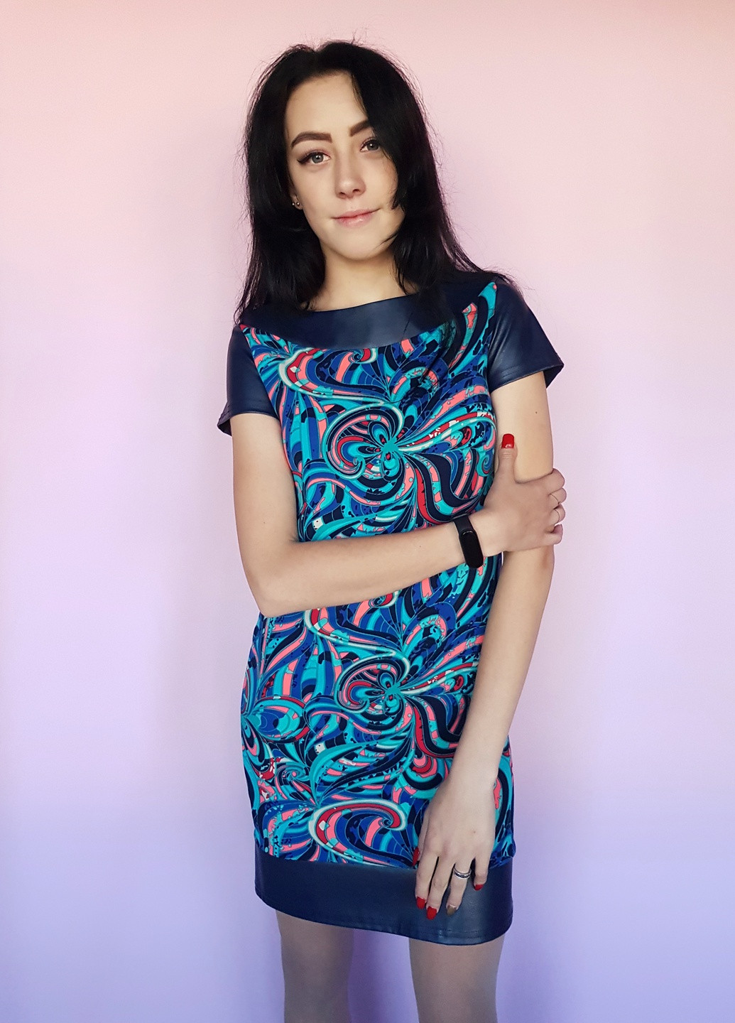 Темно-синя темно-синя сукня зі вставками еко-шкіри No Brand