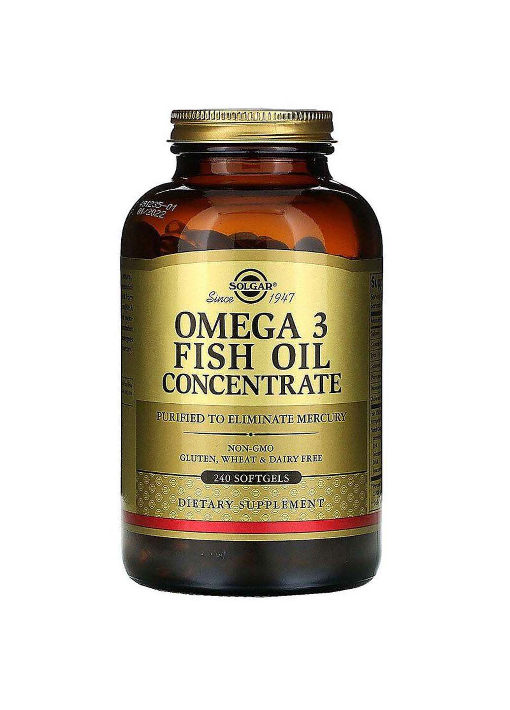 Omega-3 Fish Oil концентрат риб'ячого жиру 240 гелевих капсул Solgar (256930578)