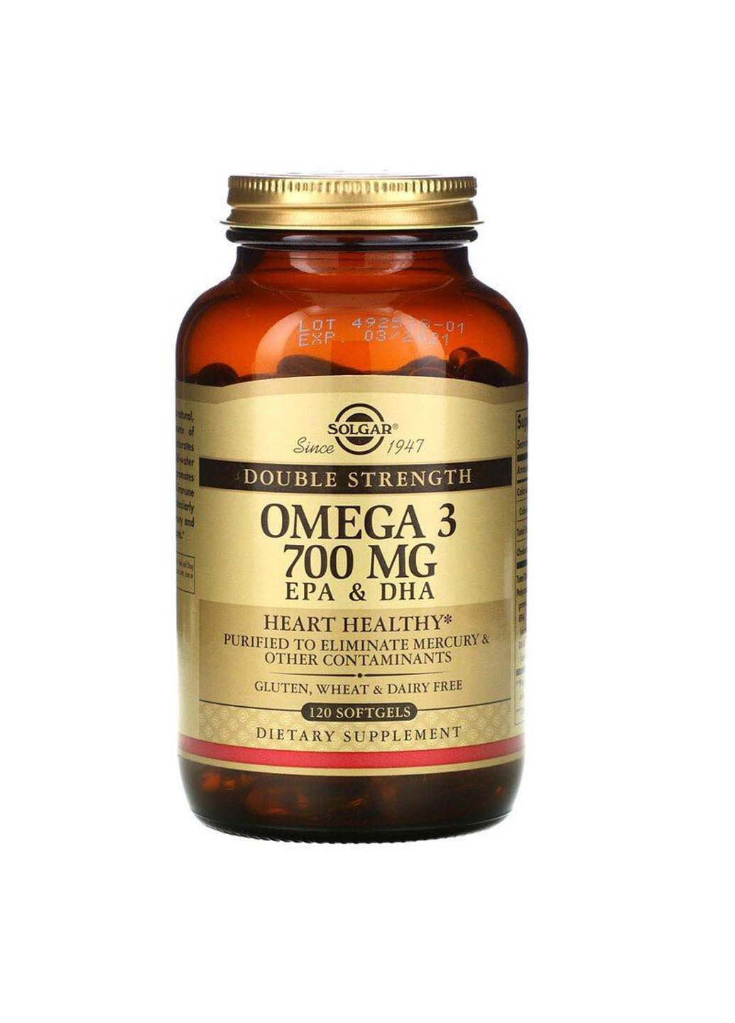 Omega-3 EPA DHA двойная сила 700 мг 120 гелевых капсул Solgar (256931283)