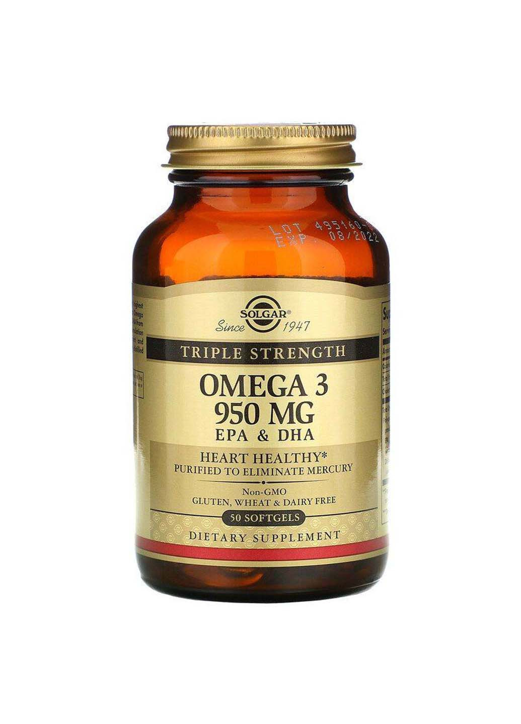 Омега-3 рыбий жир Omega-3 EPA DHA тройная сила 950 мг 50 гелевых капсул Solgar (256931086)
