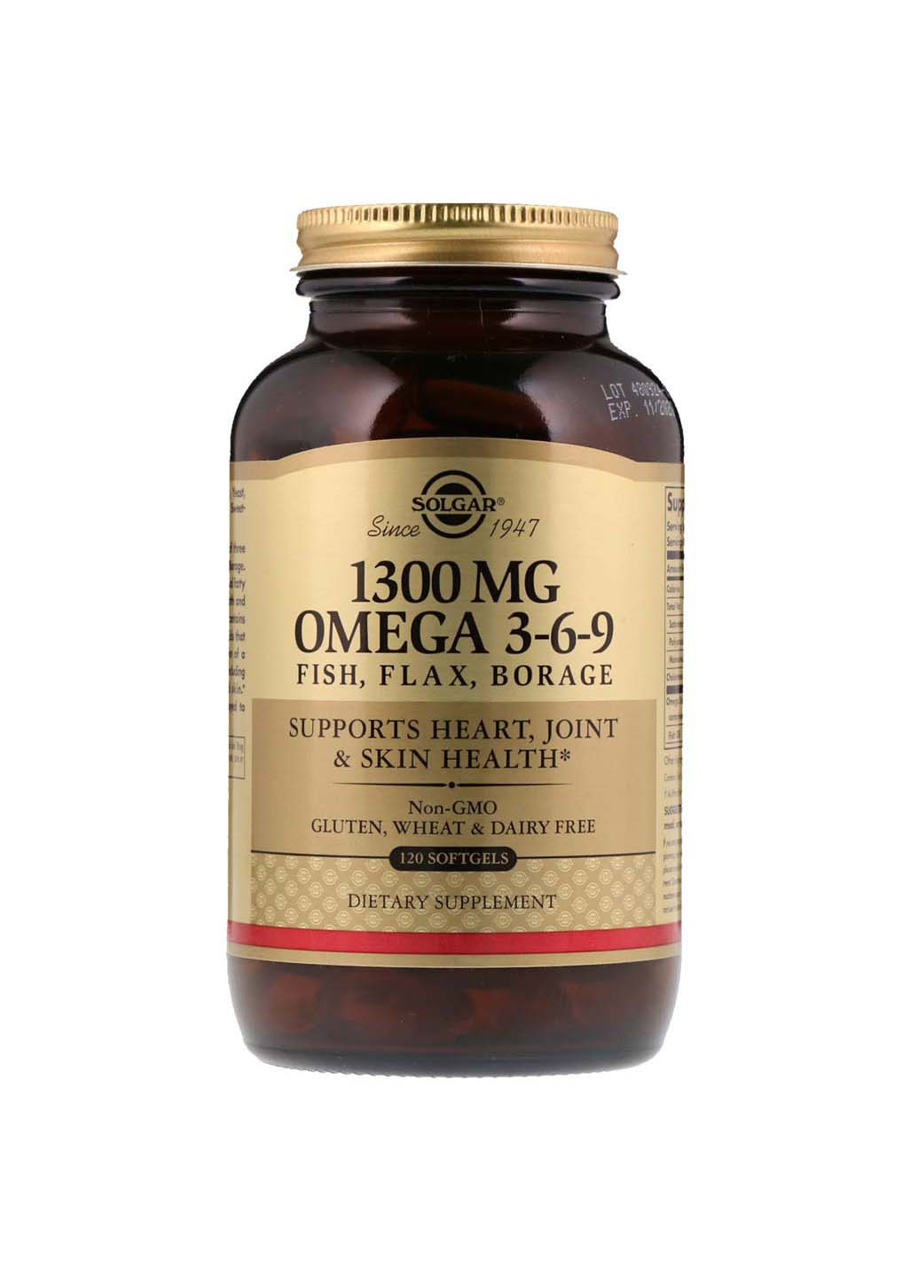 Omega 3-6-9 1300 мг 120 гелевих капсул Solgar (256931208)