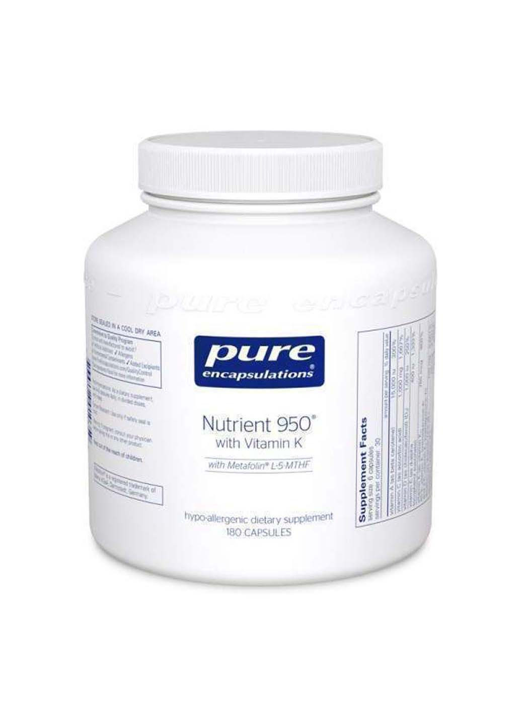 Мультивітаміни / мінерали з вітаміном К Nutrient 950 with Vitamin K 180 капсул Pure Encapsulations (256932058)