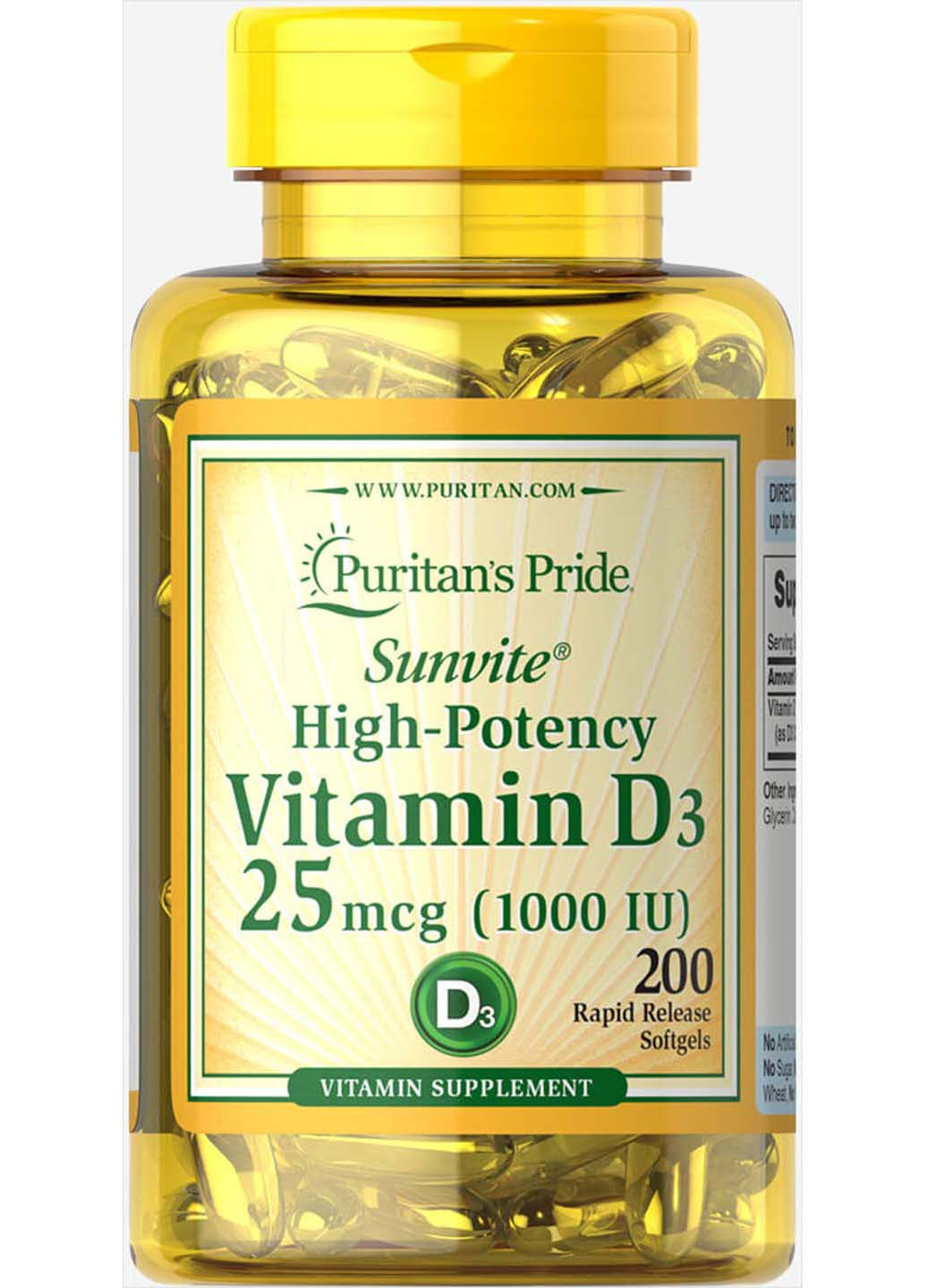 Витамин Д3 1000 МЕ 200 капсул Puritans Pride (256931066)