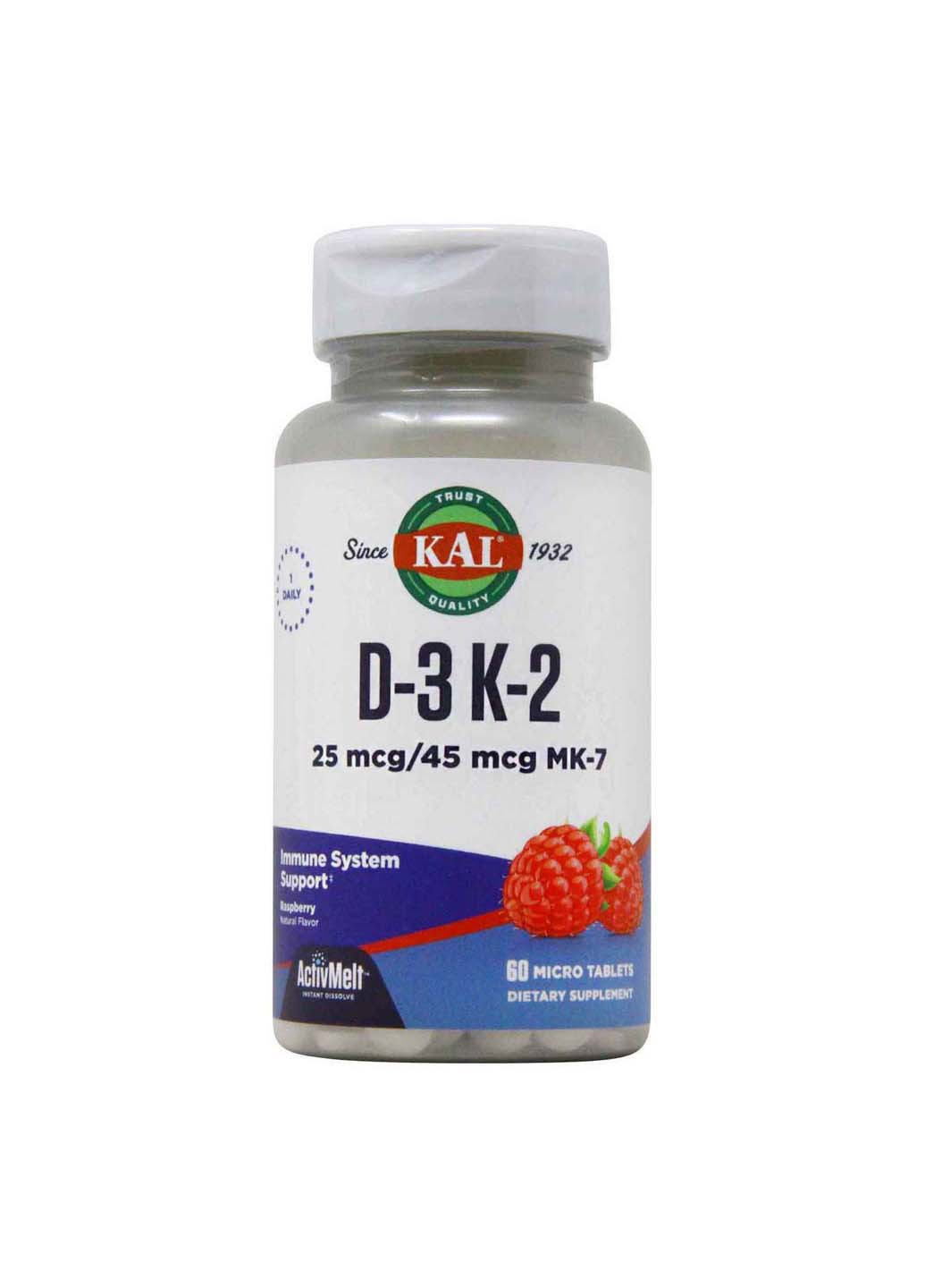 Вітаміни Д-3 та K-2 Vitamin D-3 K-2 смак червоної малини 1000 МО/45 мкг MK-7 60 мікротаблеток KAL (256930976)
