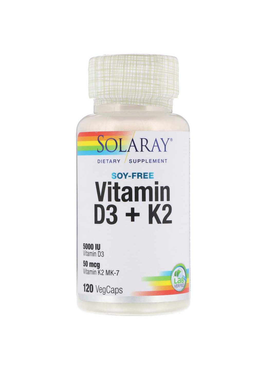 Вітаміни Д3 та К2 Vitamin D-3 + K-2 без сої 120 капсул Solaray (256930922)