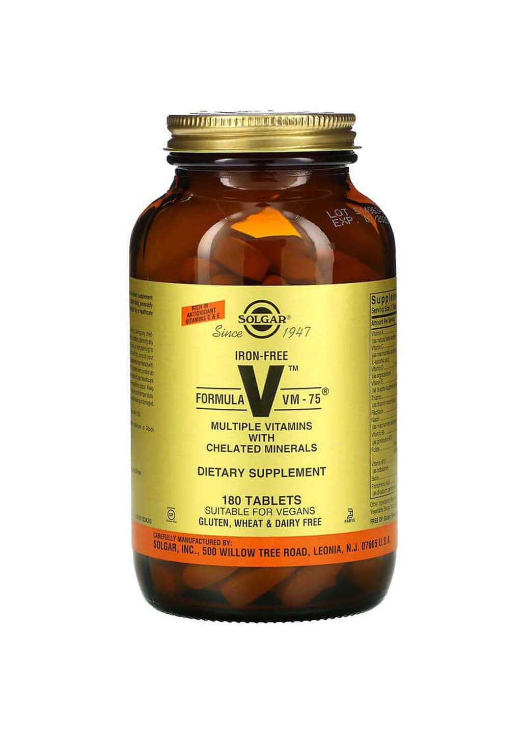 Мультивитамины и хелатные минералы без железа Formula V VM-75 180 таблеток Solgar (256932189)
