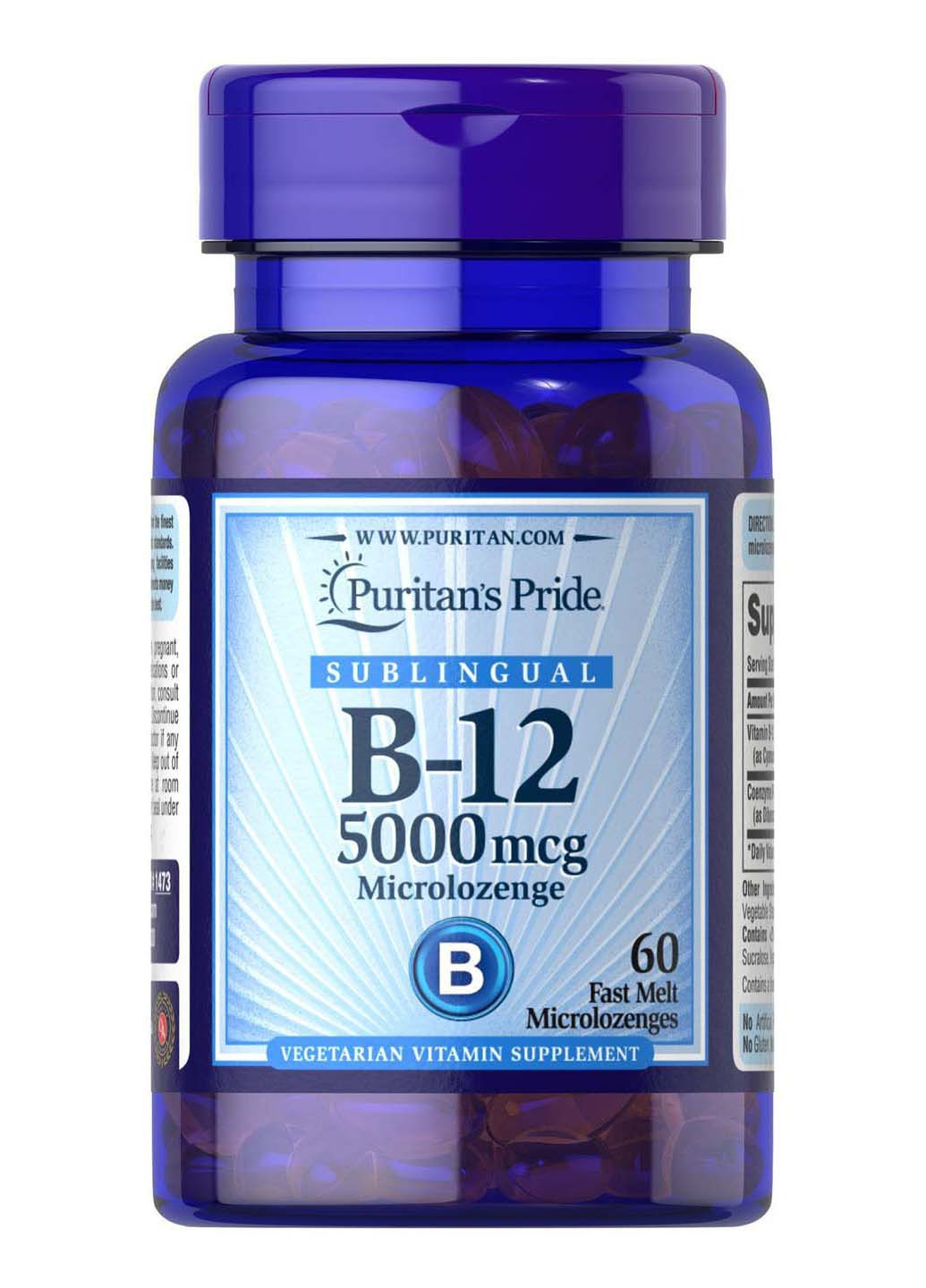 Витамин B-12Vitamin B-12 сублингвальный 5000 мкг 60 микропастилок Puritans Pride (256931968)
