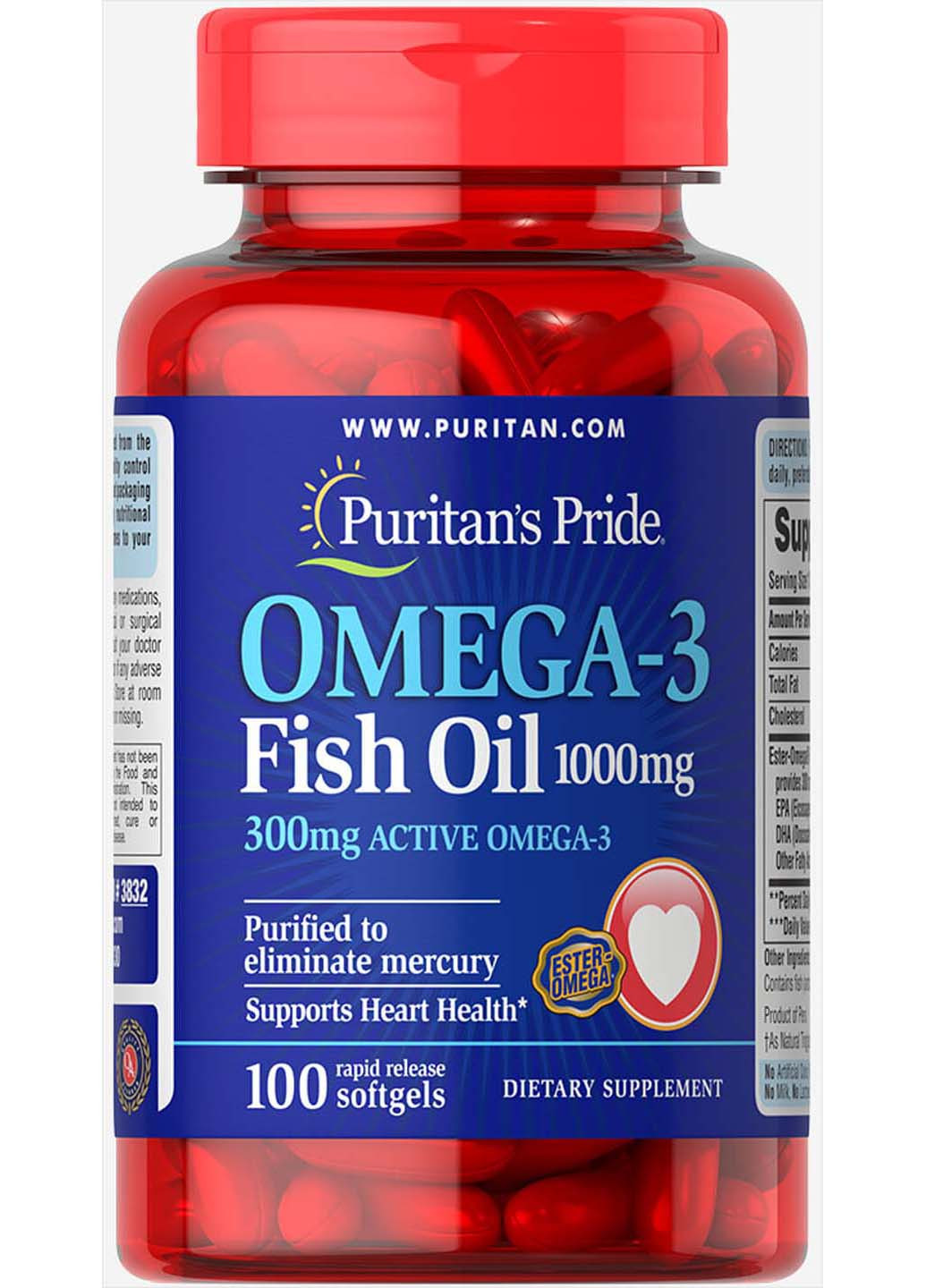 Рыбий жир Омега-3 1000 мг 300 мг 100 капсул Puritans Pride (256931984)