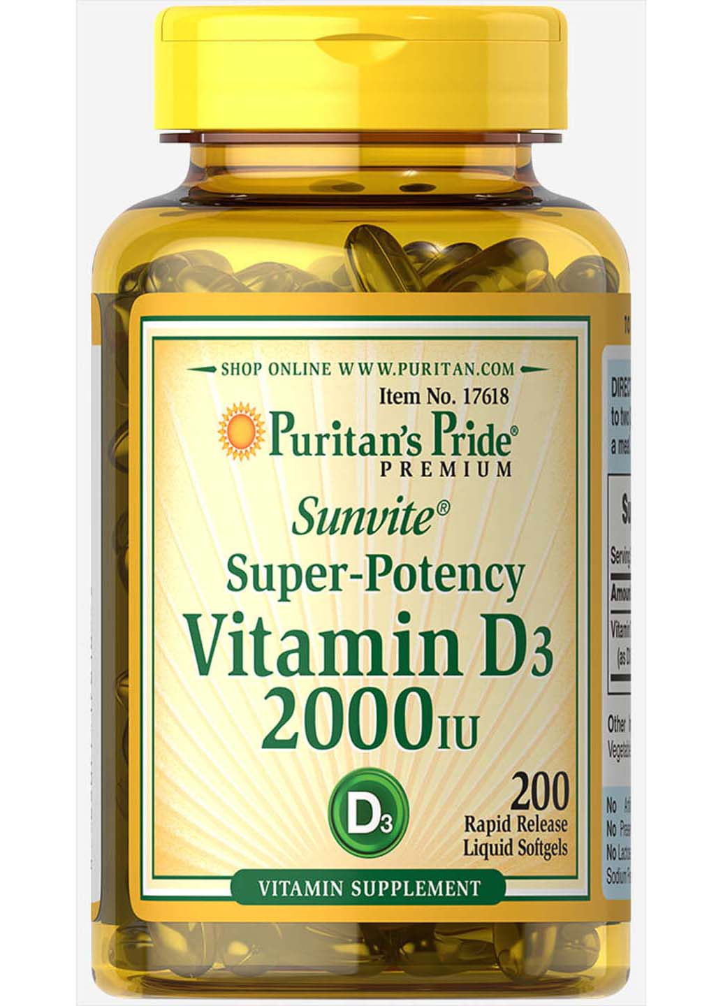 Витамин Д3 2000 МЕ 200 капсул Puritans Pride (256932502)