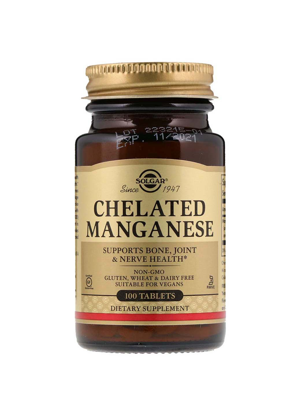 Марганець Chelated Manganese хелатний 100 таблеток Solgar (256931495)