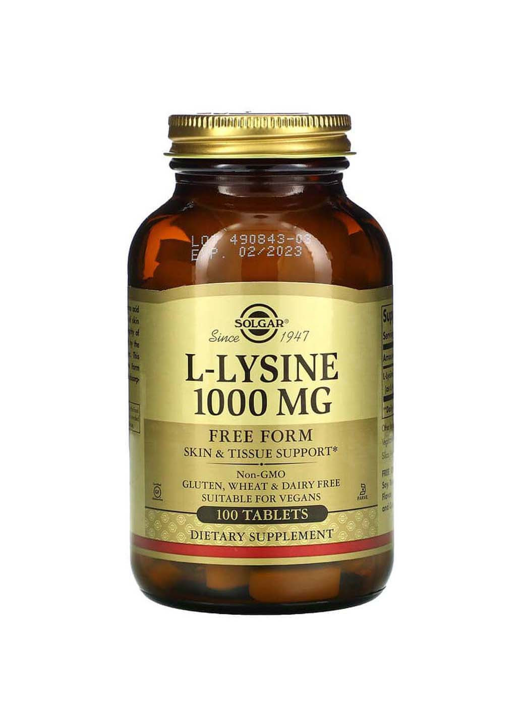 L-лізин вільна форма 1000 мг 100 таблеток Solgar (256932202)