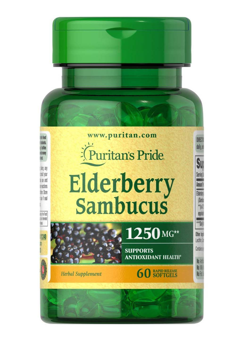 Черная бузина Elderberry Sambucus 1250 мкг 60 гелевых капсул Puritans Pride (256931060)