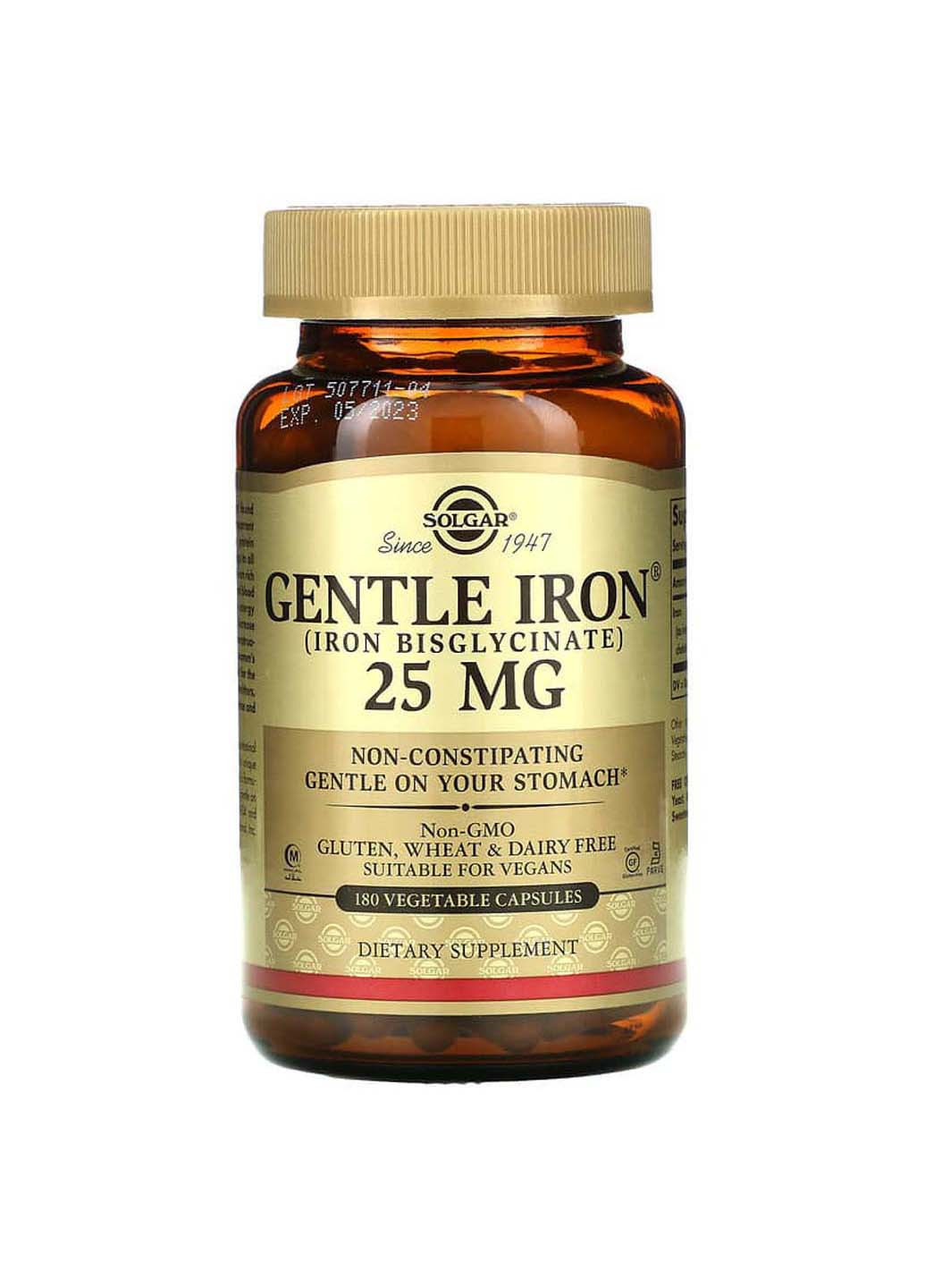 Железо Gentle Iron 25 мг 180 вегетарианских капсул Solgar (256932210)