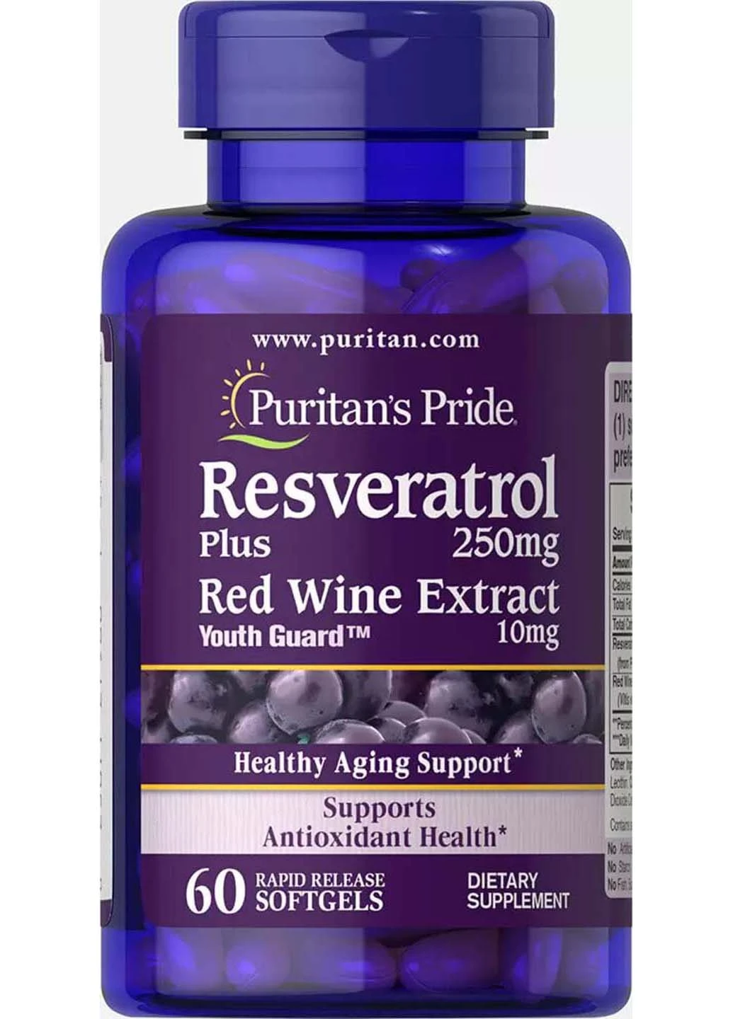 Ресвератрол Resveratrol 250 мг 60 гелевих капсул Puritans Pride (256932507)