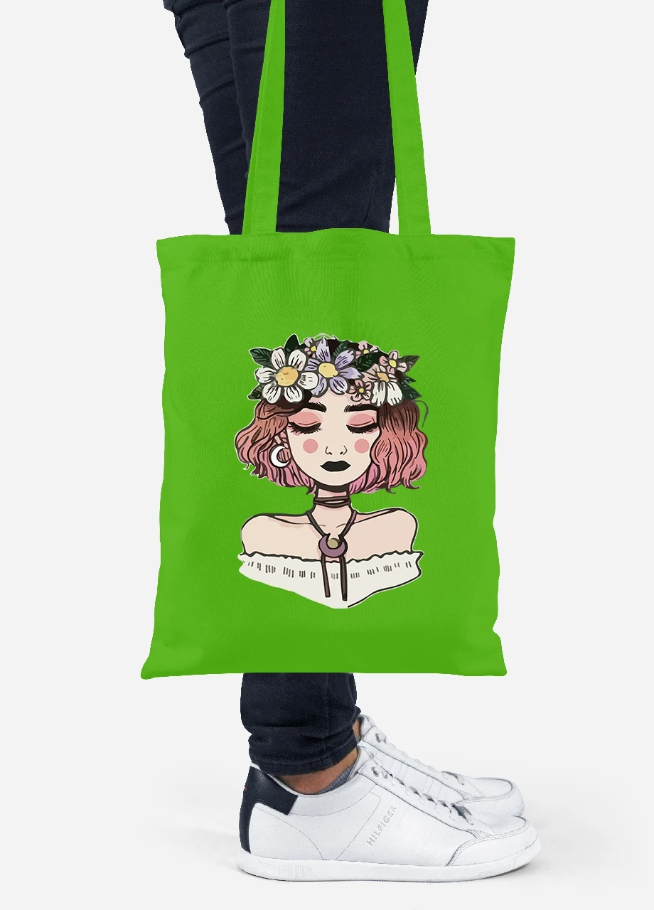 Еко-сумка шоппер Дівчина з квітами (Girl with flowers) (92102-2841-LM) салатова MobiPrint Lite (256921099)