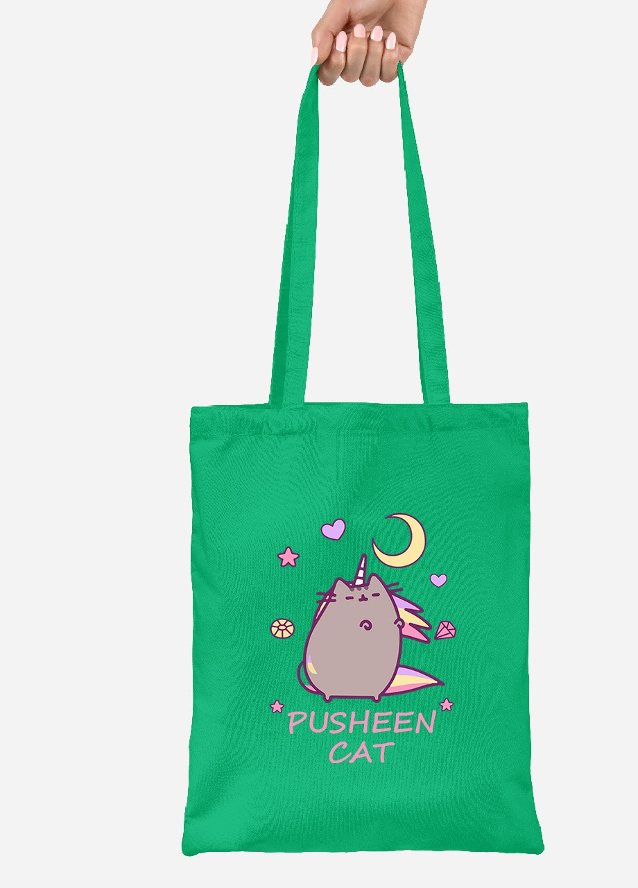 Эко сумка шопер Кот Пушин (Pusheen Cat) (92102-3350-KG) зеленая MobiPrint Lite (256921543)