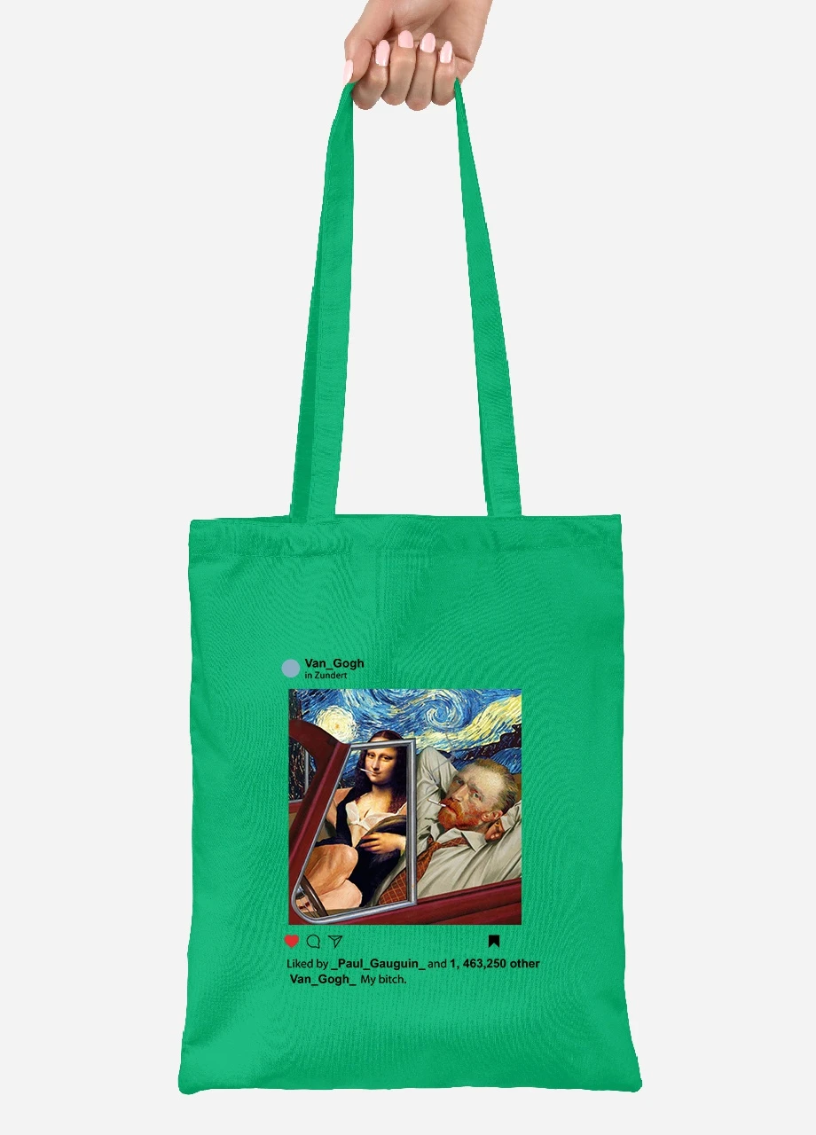 Эко сумка шопер Инстаграм Ван Гог и Джоконда (van Gogh and La Gioconda) (92102-2952-KG) зеленая MobiPrint Lite (256921500)