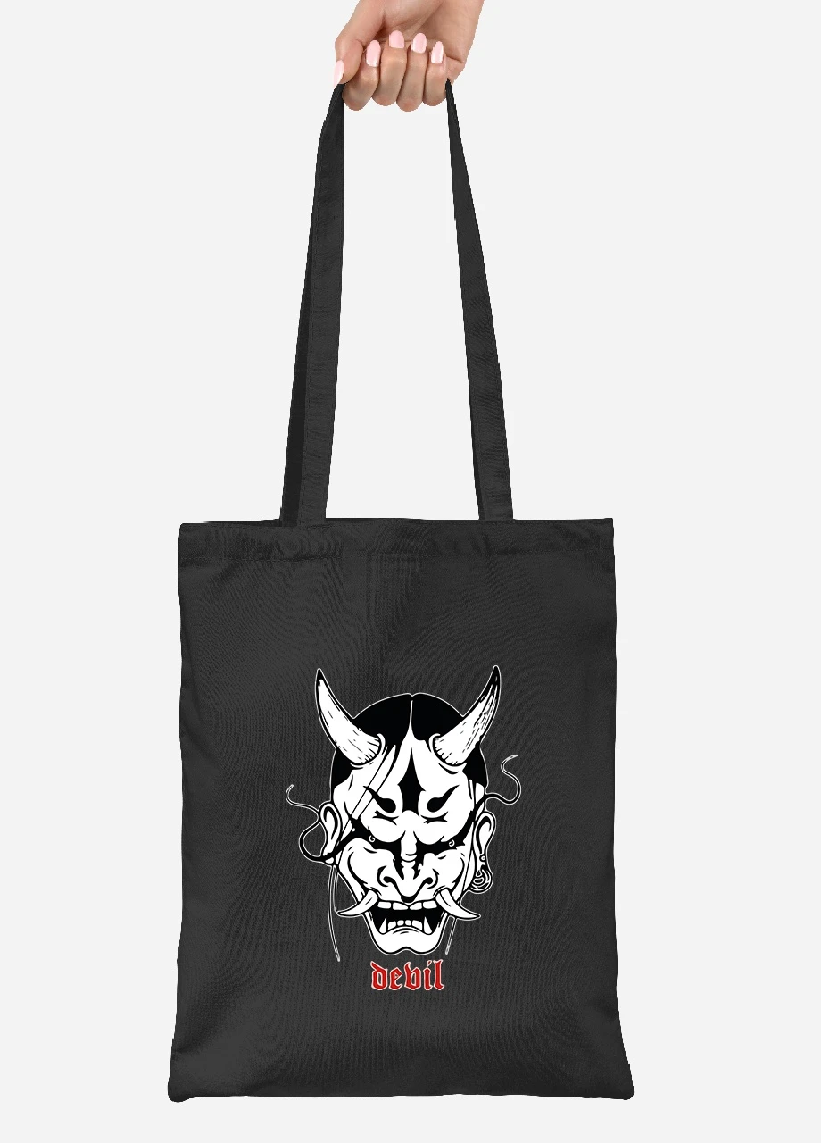 Еко-сумка шоппер Японська маска демона (Japanese demon mask) (92102-3328-BK) чорна MobiPrint Lite (256920411)