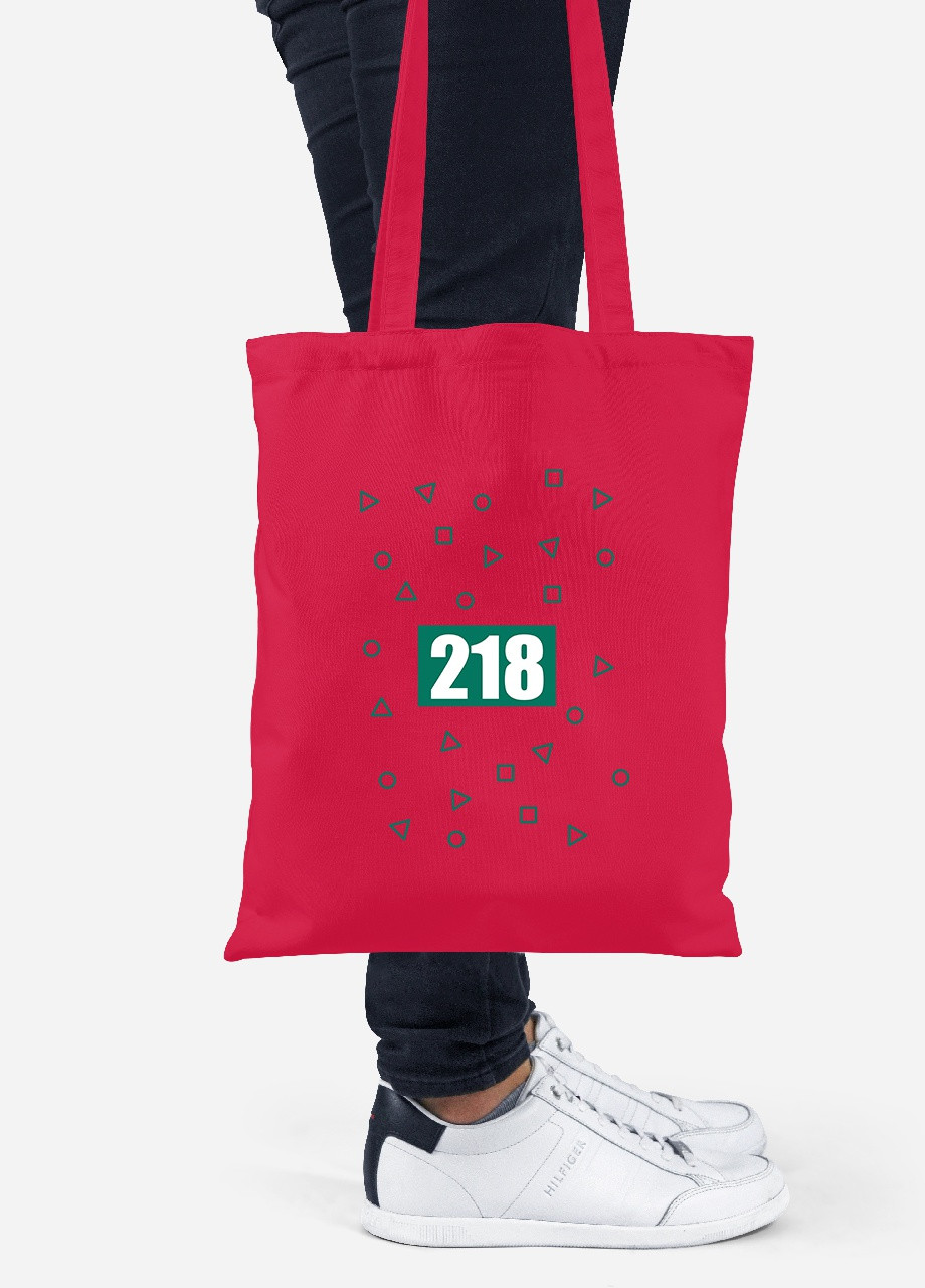 Эко сумка шопер Номер 218 Парк Игра в кальмара (Squid Game) (92102-3354-RD) красная MobiPrint Lite (256923911)