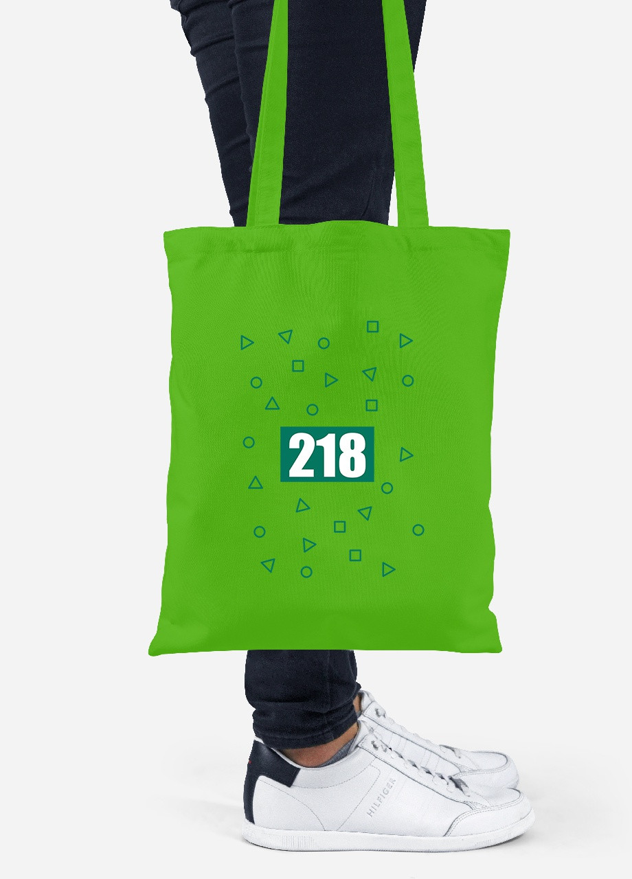 Еко-сумка шоппер Номер 218 Парк Гра в кальмара (Squid Game) (92102-3354-LM) салатова MobiPrint Lite (256922739)