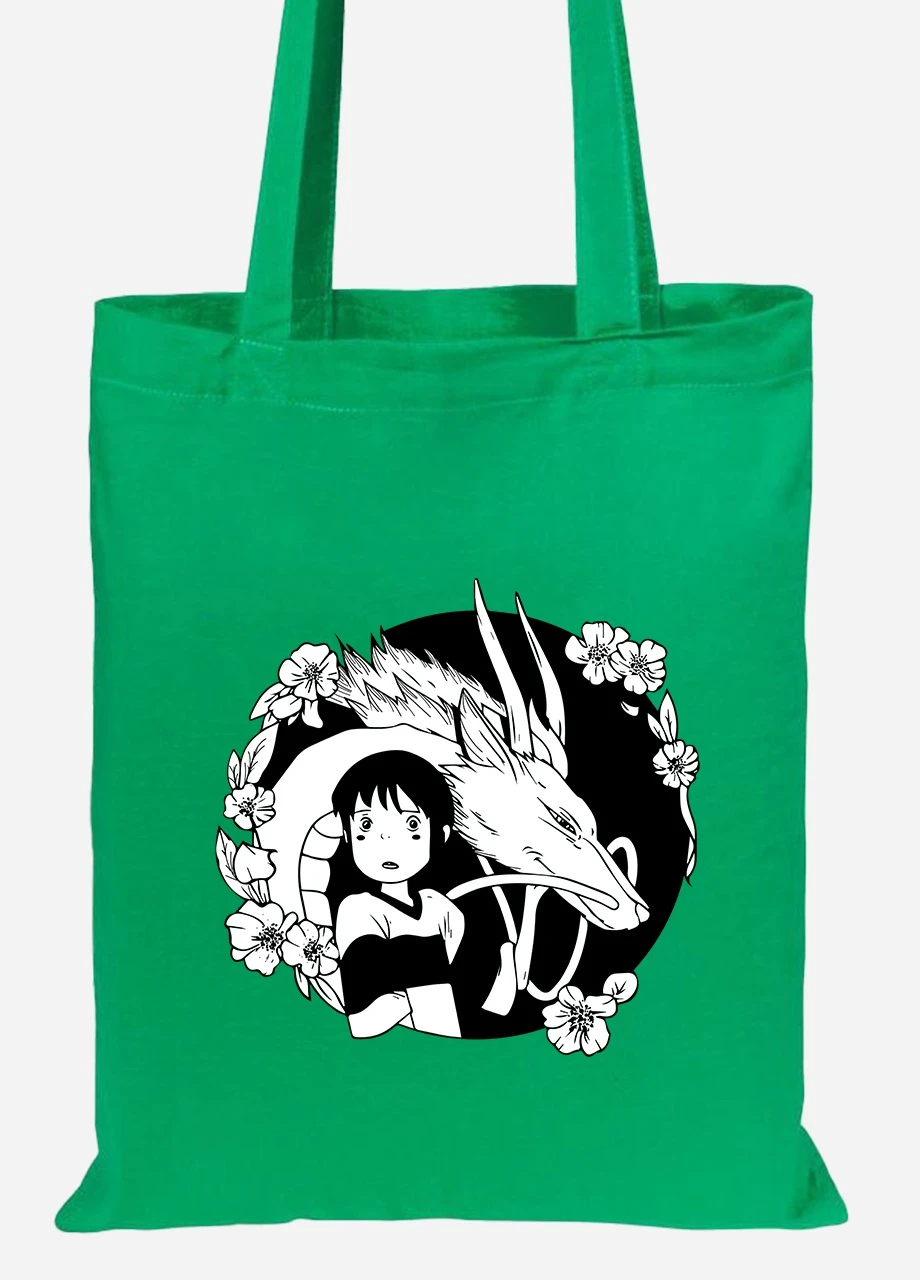 Еко-сумка шоппер Тихіро Огіно Сен та Хаку Віднесені привидами (Spirited Away) (92102-2647-KG) зелена MobiPrint Lite (256920481)