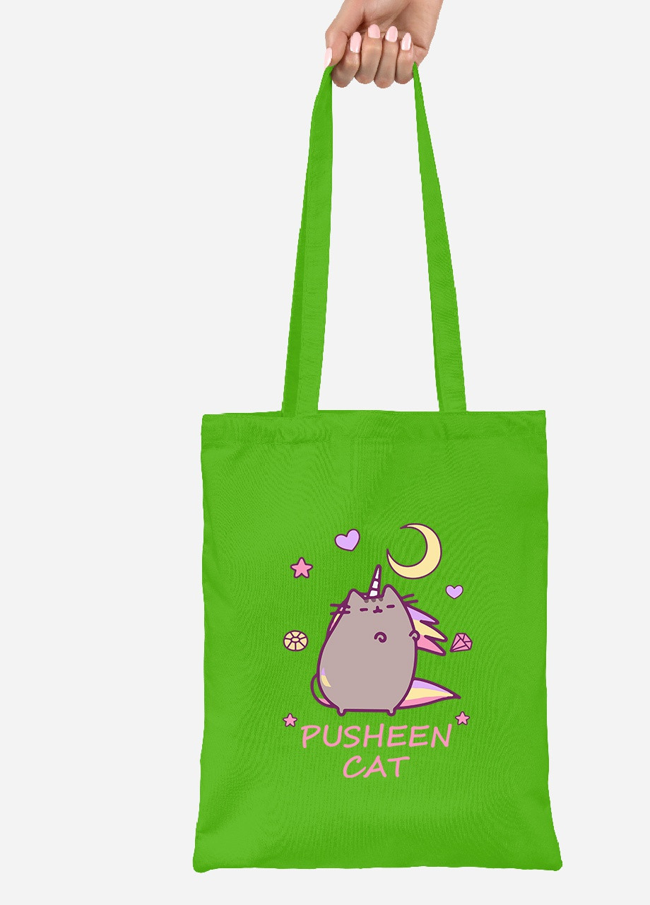 Еко-сумка шоппер Кіт Пушин (Pusheen Cat) (92102-3350-LM) салатова MobiPrint Lite (256923111)