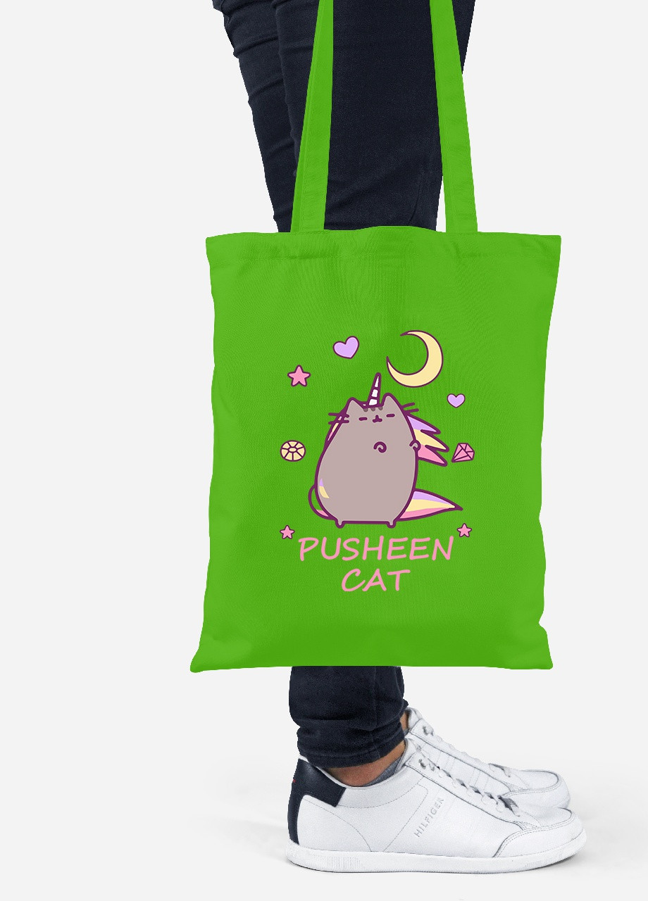 Еко-сумка шоппер Кіт Пушин (Pusheen Cat) (92102-3350-LM) салатова MobiPrint Lite (256923111)