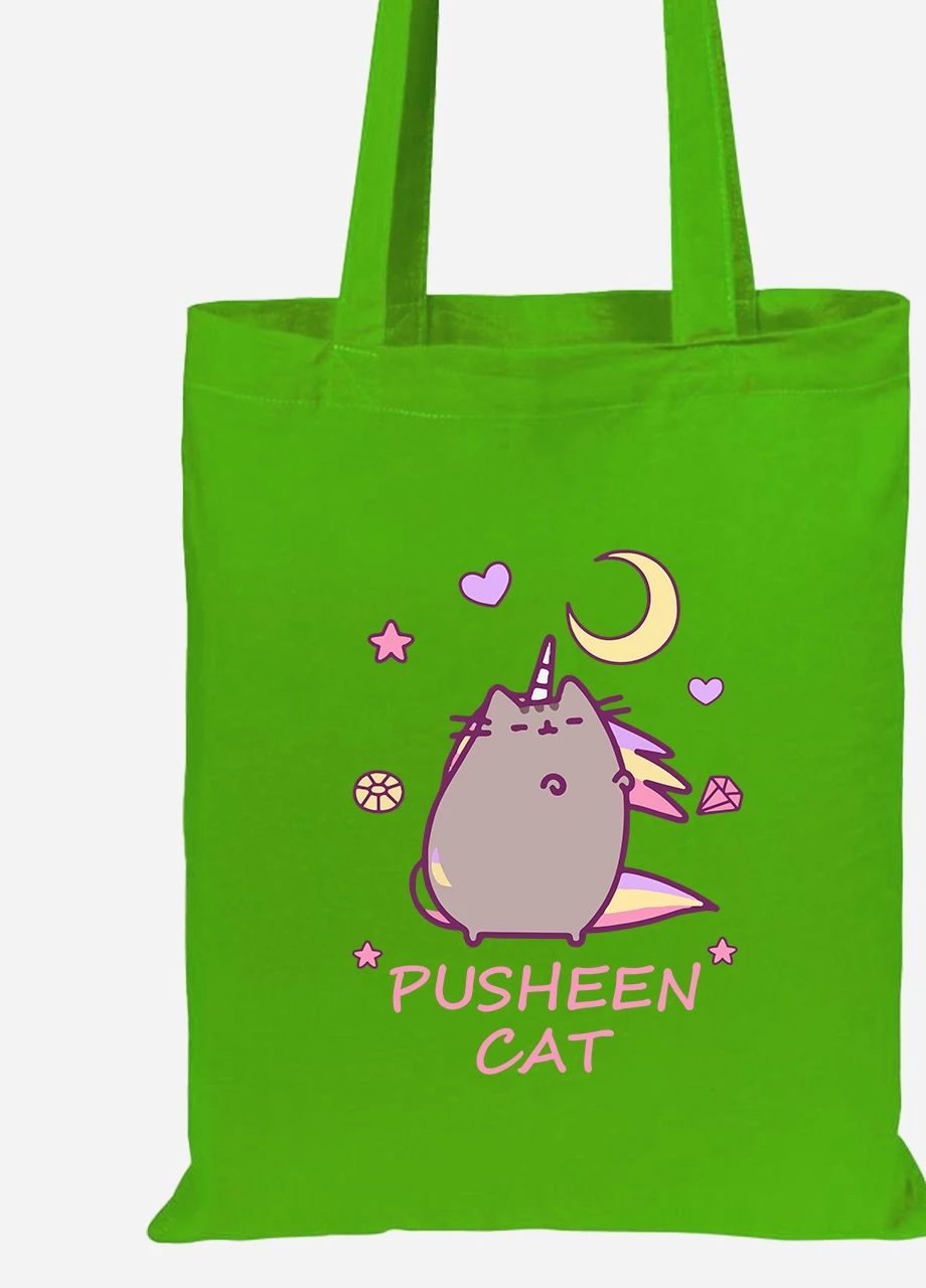 Еко-сумка шоппер Кіт Пушин (Pusheen Cat) (92102-3350-LM) салатова MobiPrint Lite (256923111)