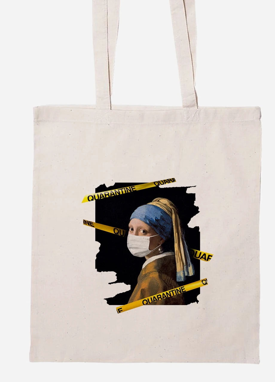 Еко-сумка шоппер Дівчина з перлами (92102-1417-BG) бежева MobiPrint Lite (256921684)