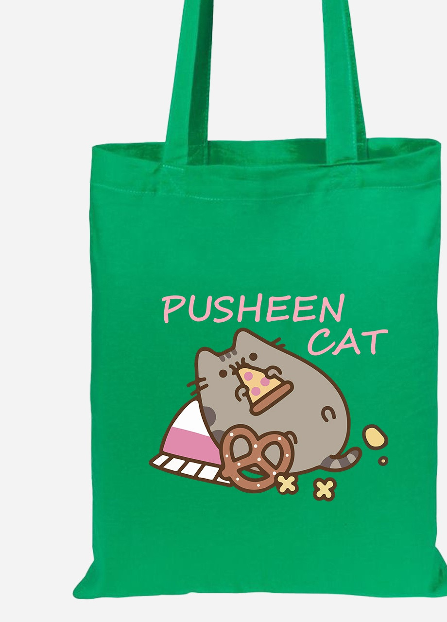Эко сумка шопер Кот Пушин (Pusheen Cat) (92102-3347-KG) зеленая MobiPrint lite (256920458)