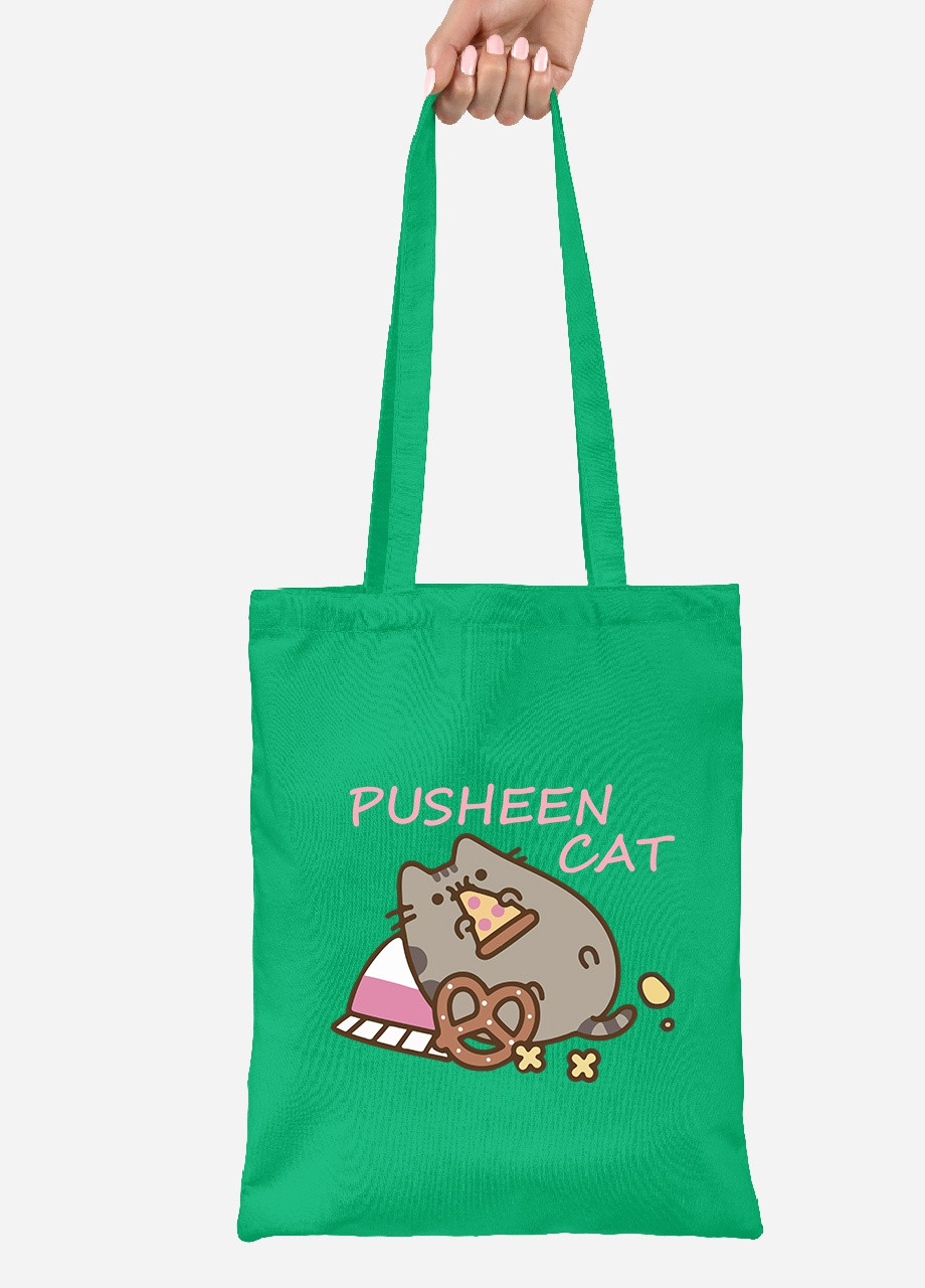 Эко сумка шопер Кот Пушин (Pusheen Cat) (92102-3347-KG) зеленая MobiPrint lite (256920458)