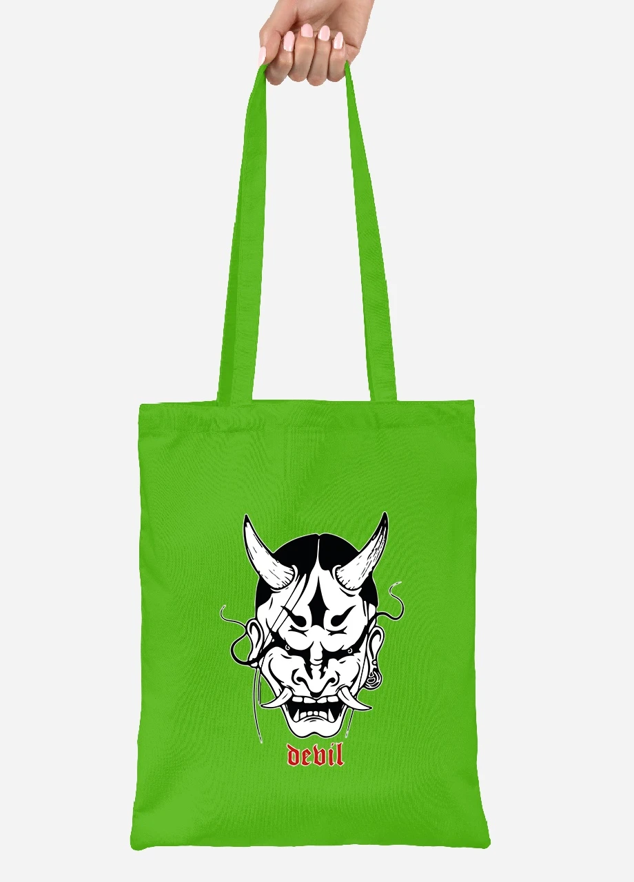 Еко-сумка шоппер Японська маска демона (Japanese demon mask) (92102-3328-LM) салатова MobiPrint Lite (256920877)