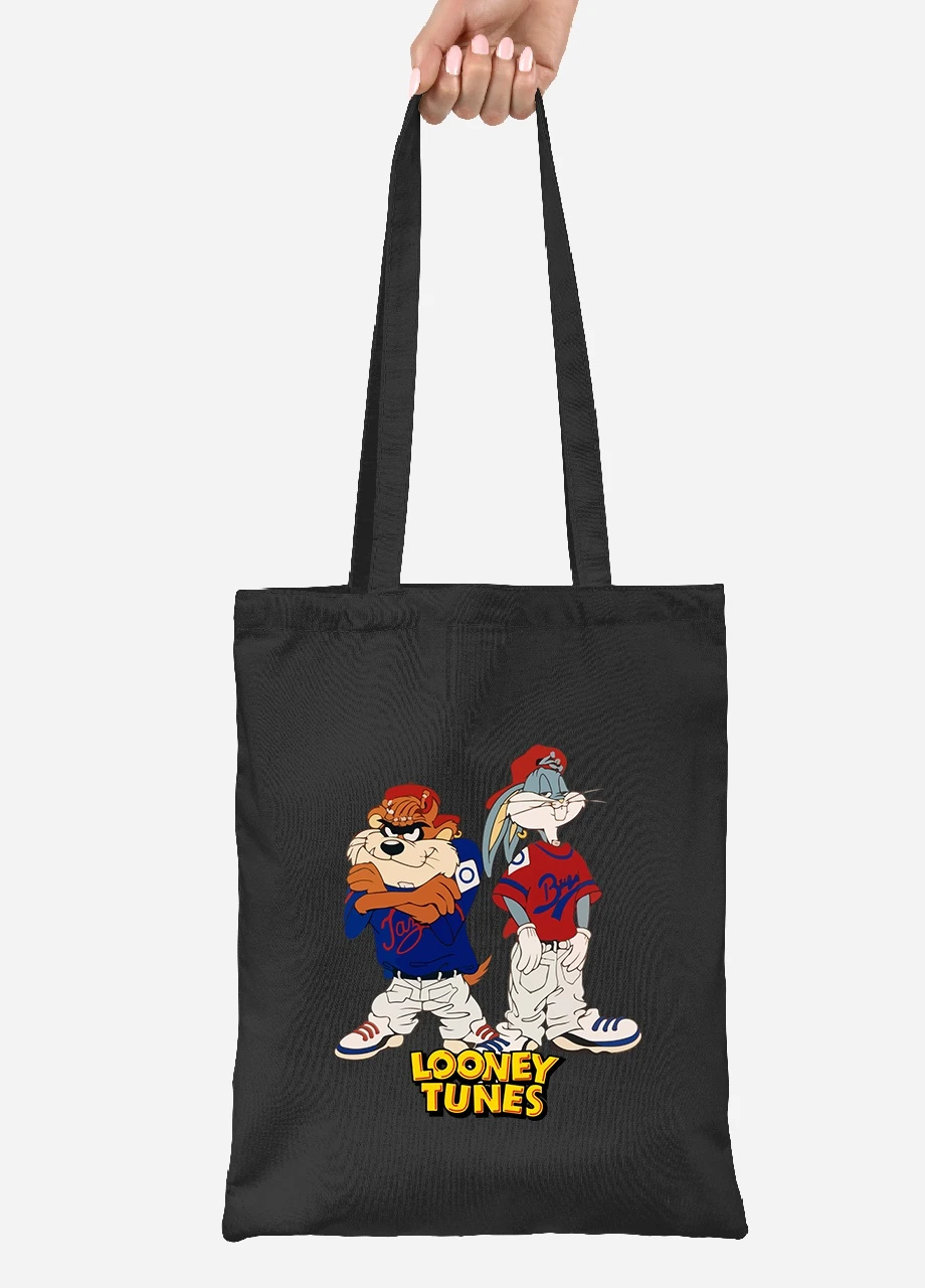 Еко-сумка шоппер Таз і Багз Банні Луні Тюнз (Taz Looney Bugs Bunny Tunes) (92102-2875-BK) чорна MobiPrint Lite (256923936)