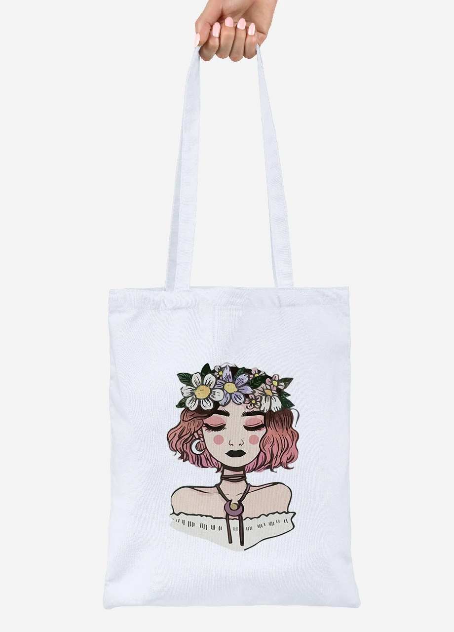 Эко сумка шопер Девушка с цветами (Girl with flowers) (92102-2841) белая MobiPrint Lite (256923608)