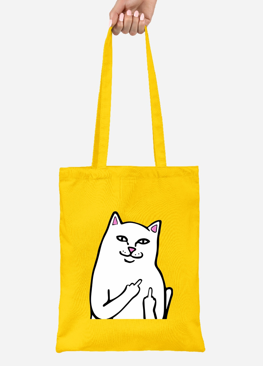 Еко-сумка шоппер мем Білий Кіт з пальцем (meme Cat Middle finger) (92102-2851-SY) жовта MobiPrint Lite (256921656)