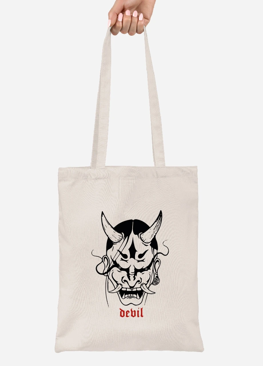 Эко сумка шопер Японская маска демона (Japanese demon mask) (92102-3328-BG) бежевая MobiPrint Lite (256921272)