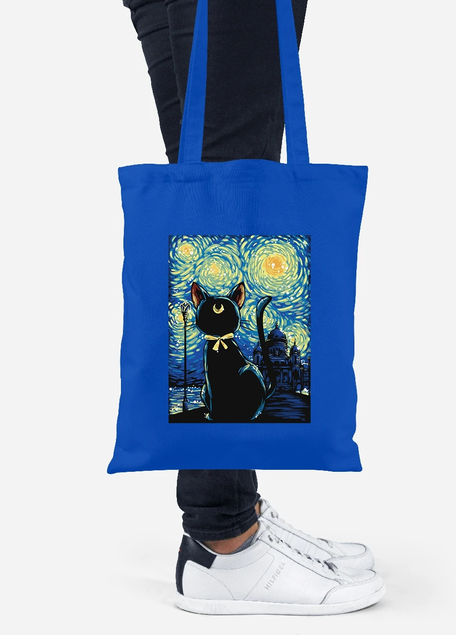 Эко сумка шопер Кошка Луна Сейлор Мун и Звездная Ночь Ван Гог (anime Sailor Moon Cats and van Gogh) (92102-2923-SK) голубая MobiPrint Lite (256923170)