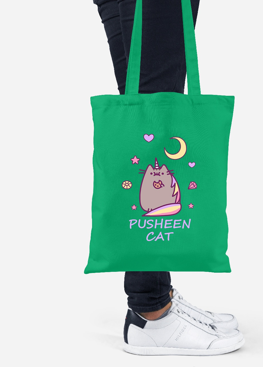 Еко-сумка шоппер Кіт Пушин (Pusheen Cat) (92102-3349-KG) зелена MobiPrint Lite (256921578)