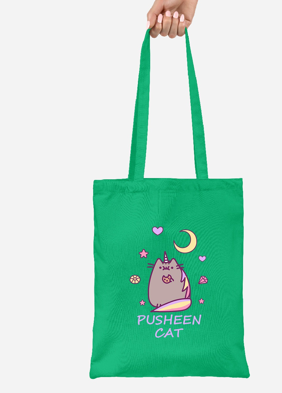 Еко-сумка шоппер Кіт Пушин (Pusheen Cat) (92102-3349-KG) зелена MobiPrint Lite (256921578)