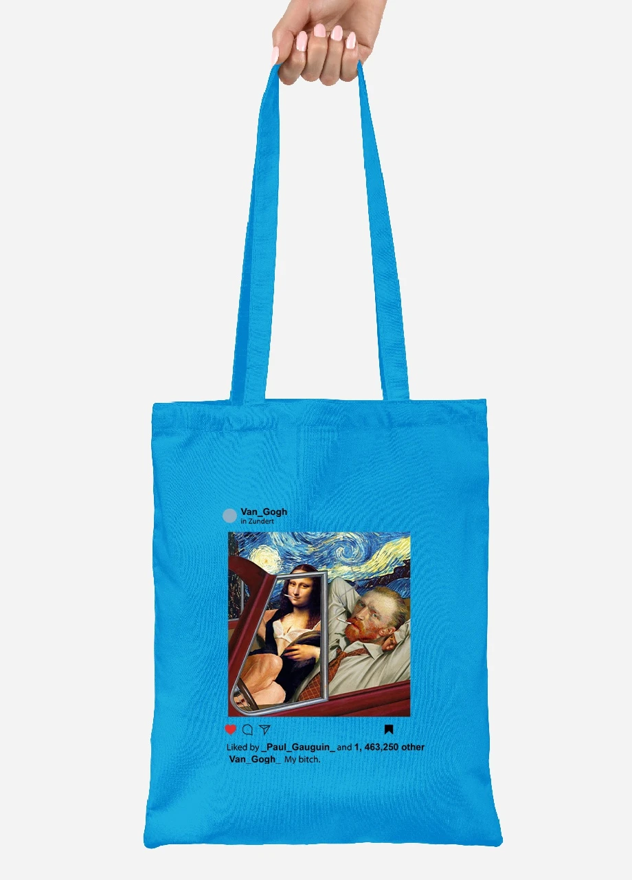 Эко сумка шопер Инстаграм Ван Гог и Джоконда (van Gogh and La Gioconda) (92102-2952-BL) синяя MobiPrint Lite (256921256)