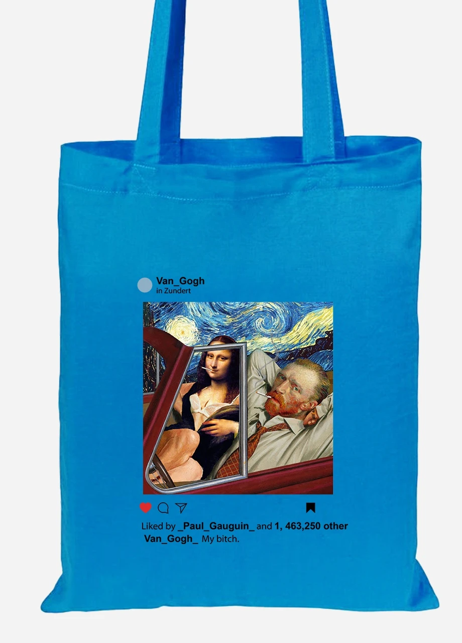 Эко сумка шопер Инстаграм Ван Гог и Джоконда (van Gogh and La Gioconda) (92102-2952-BL) синяя MobiPrint Lite (256921256)