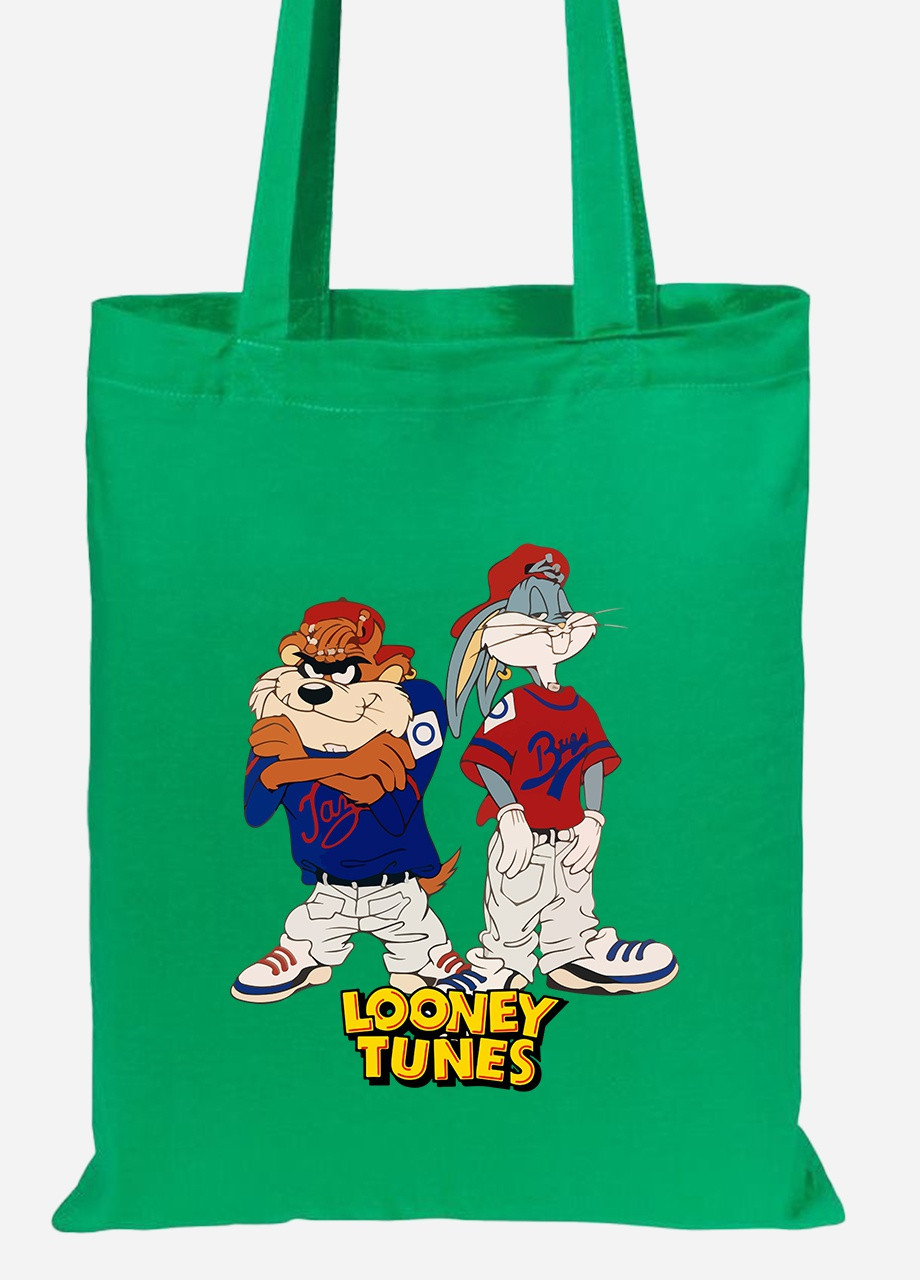 Эко сумка шопер Таз и Багз Банни Луни Тюнз ( Taz Looney Bugs Bunny Tunes) (92102-2875-KG) зеленая MobiPrint lite (256920174)