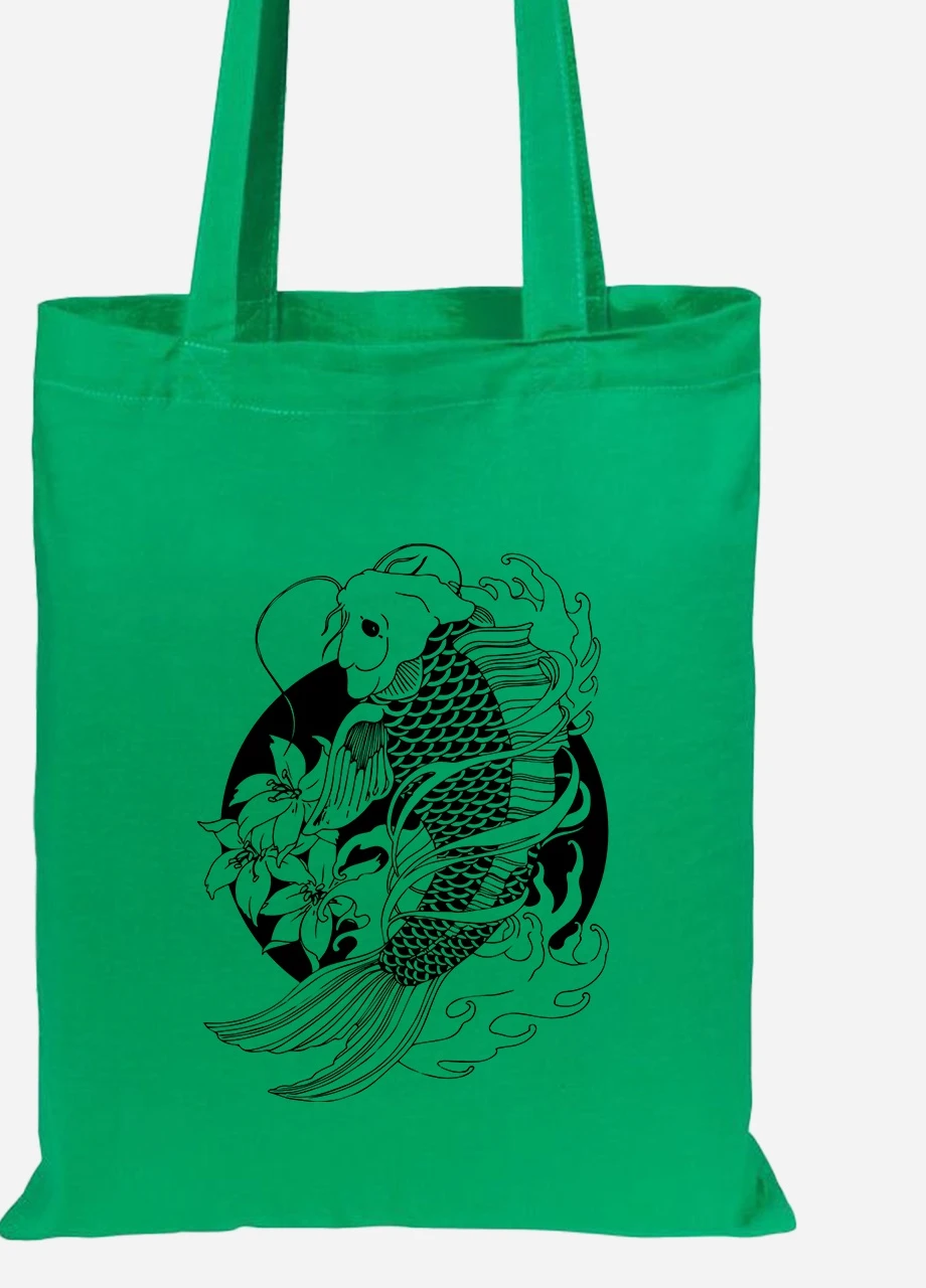 Эко сумка шопер Рыбка Кои (Koi Fish) (92102-2858-KG) зеленая MobiPrint Lite (256924277)