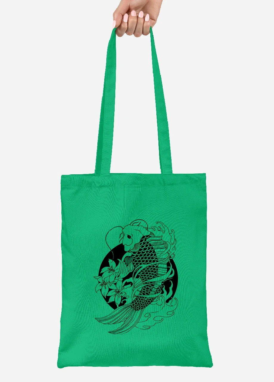 Эко сумка шопер Рыбка Кои (Koi Fish) (92102-2858-KG) зеленая MobiPrint Lite (256924277)